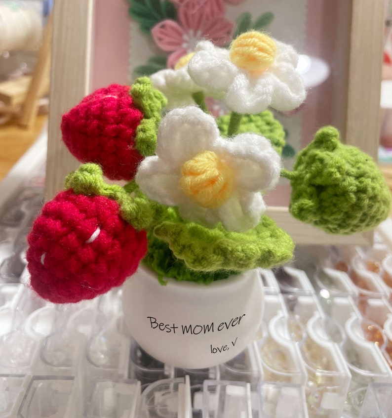 Crochet Flowers,Strawberry, Mother's Day Gift, home decor, Finished Product, DIY Flower Pots, Flower Decoration, Crochet Plant image 2