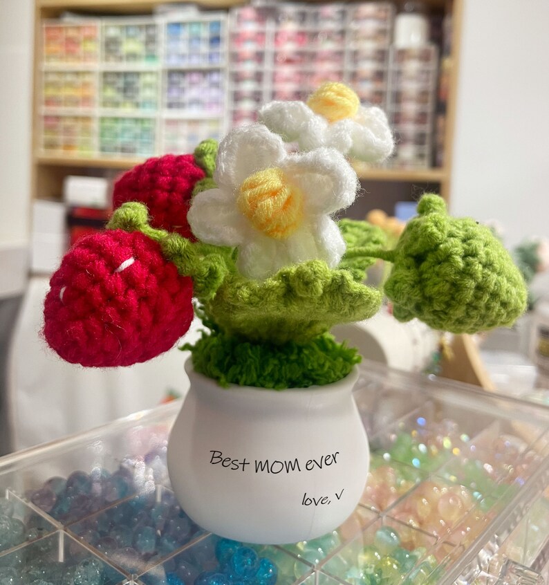 Crochet Flowers,Strawberry, Mother's Day Gift, home decor, Finished Product, DIY Flower Pots, Flower Decoration, Crochet Plant image 4