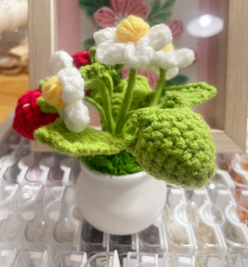 Crochet Flowers,Strawberry, Mother's Day Gift, home decor, Finished Product, DIY Flower Pots, Flower Decoration, Crochet Plant image 3