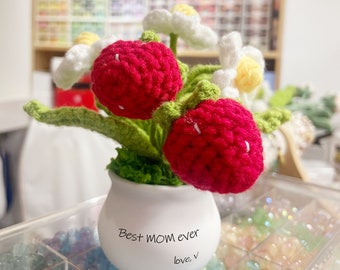 Crochet Flowers,Strawberry, Mother's Day Gift, home decor, Finished Product, DIY Flower Pots, Flower Decoration, Crochet Plant