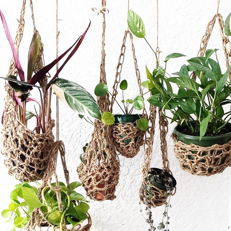 BohoChic Dorm Decor~ Modern Bohemian Decor Urban Wall Accent Wall Accent 6 Natural CROCHET Jute Hanging Planters Plant Lover Gift Set