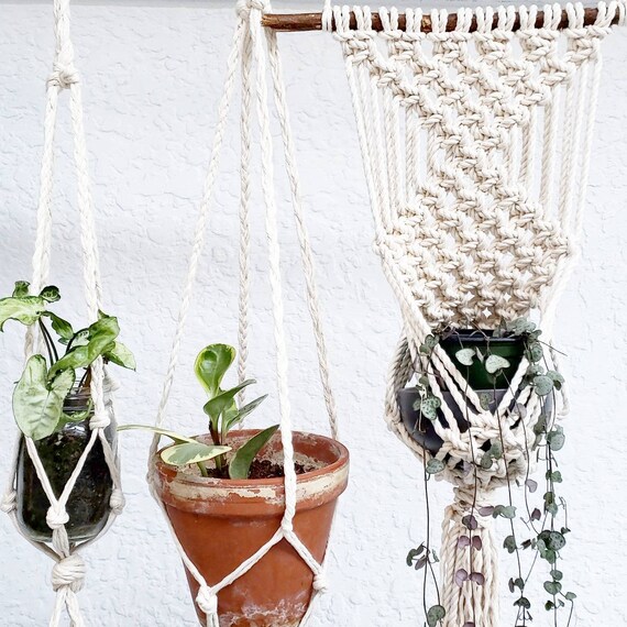 Three Shabby Chic Hanging Planters Wall Accent Bohemian Decor Dorm Planter Modern Macrame White Boho Home