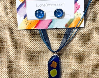 Blue necklace fused glass pendant and free pair of earrings, boutique artisan jewelry set