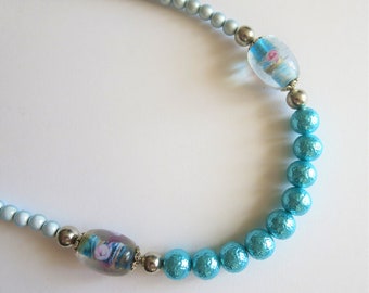 Blue Lampwork Bead Necklace: Turquoise Accents, Magnetic Clasp