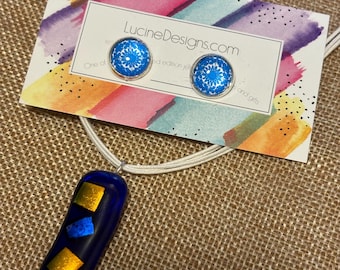 Blue necklace fused glass pendant with matching blue stud earrings, boutique artisan jewelry set