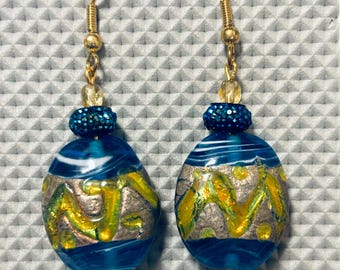Blue yellow drop earrings, lamp work boutique earrings