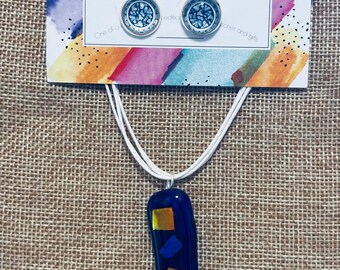 Blue fused Glass Pendant Necklace with free Blue Stud Earrings