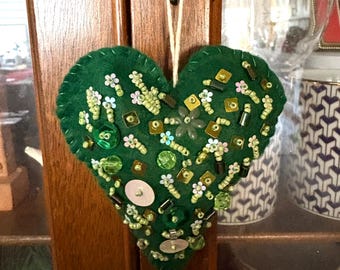 Green heart beaded ornament, birthday gift, wall art, one of a kind gift ideas