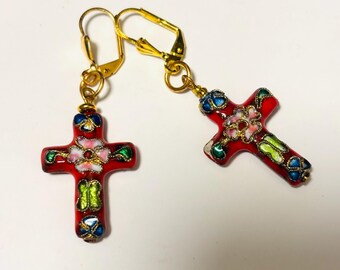 Red and Gold earrings cross fashion cloisone Christian jewelry