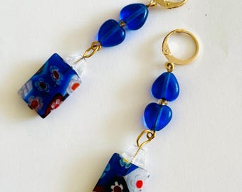 Blue drop earrings, Lampwork glass heart beads, boutique jewelry gift ideas