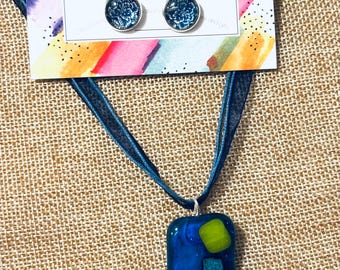 Blue pendant necklace fused glass pendant and free pair of earrings, wearable art