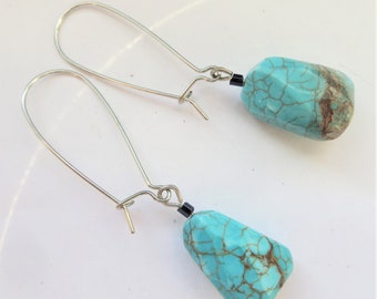 Blue gemstone howlite earrings, large kidney earwires, gift ideas, boutique earrings