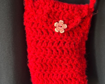 Red Crochet Cross body Cellphone Bag: Handmade Acrylic Yarn with Wood Button, one of a kind boutique gifts