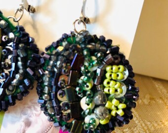 Green Gray Seed Bead Earrings: Handmade Stitched Boutique Jewelry