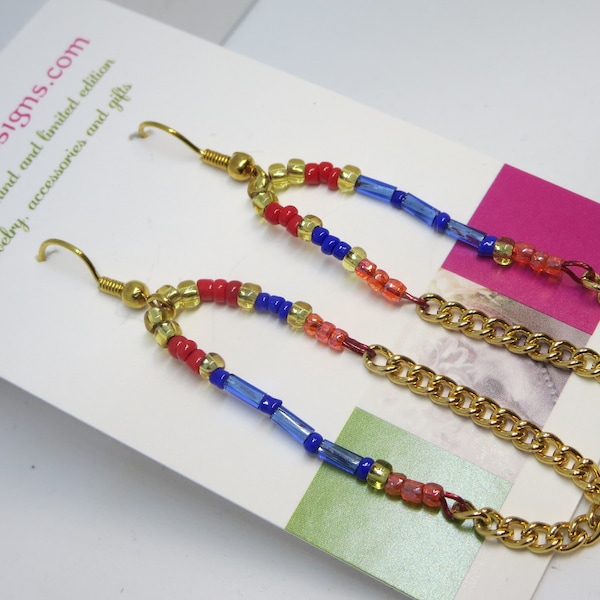 Linear beaded handmade gold earrings, boutique tricolor jewelry, gift ideas, red, blue and orange with gold accents, free shipping