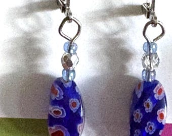 Blue and red Glass Drop Earrings, Lampwork glass