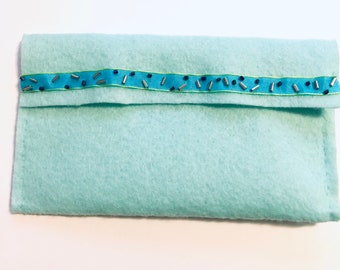 Hand Stitched Felt Pouch, Turquoise Ribbon Accent, Handbag Organizer, Phone Holder