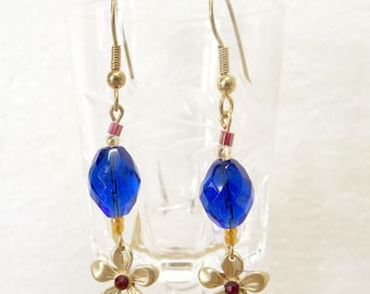 Gold Flower Long Drop Earrings: Vintage Blue Glass Jewelry, boutique gift ideas
