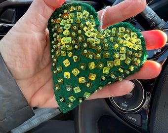 Green heart beaded ornament, handmade gifts