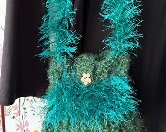 Handmade Crochet Crossbody Bag: Green & Blue Yarn, Wood Button, one of a kind boutique gifts