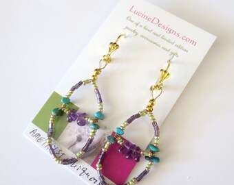 Gemstone amethyst and turquoise beaded earrings, one of a kind boutique gift ideas