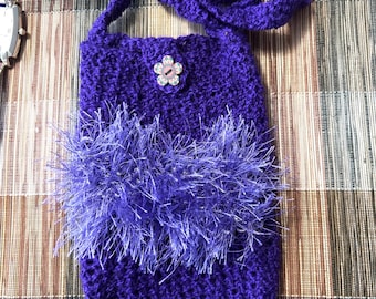 Crochet Purple Cross body Bag: Handmade Cellphone Purse, one of a kind boutique gift