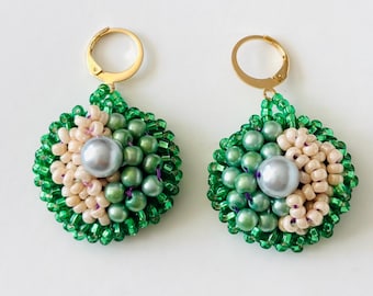 Green Seed Bead Earrings with Vintage Faux Pearl: Hand Stitched One of a Kind Jewelry