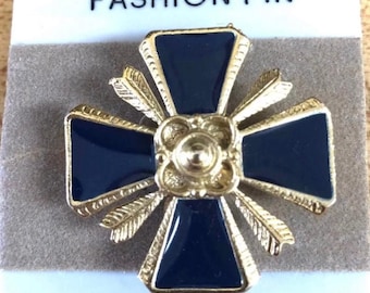 Navy blue cross pin,  boutique vintage brooch jewelry, gift ideas, embellishment