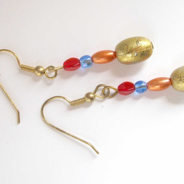 Gold drop earrings red blue orange pearl jewelry, birthday gift ideas - tricolor earrings- yerakouyn, free shipping