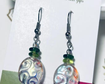 Drop earrings with touch of green, fashion boutique earrings, limited edition,