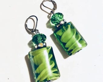 Green earrings, Lampwork glass drop fashion boutique earrings