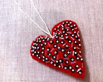 Red heart beaded ornament, handmade gifts