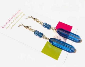 Blue Long drop earrings with vintage beads. Boutique birthday gift ideas