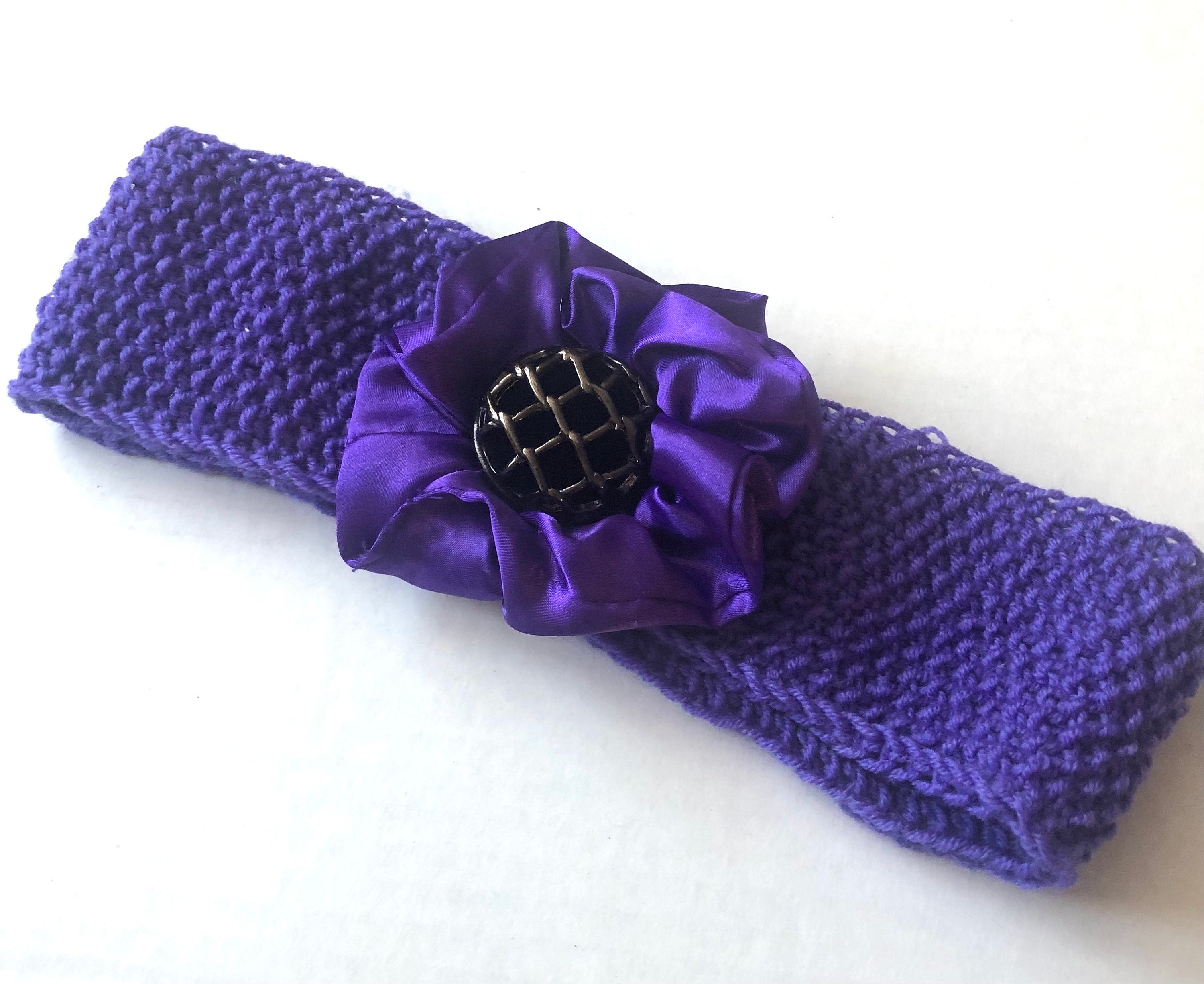 Purple headband, knit handmade ear warmer with accent flower