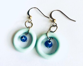 Blue evil eye drop earrings, lamp work boutique earrings, good luck gift ideas