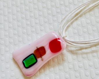 Pink Dichroic Glass Pendant Necklace, Lucite Drop Earrings Set