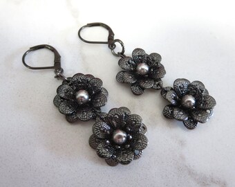 Flower drop earrings, floral earrings, gun metal color jewelry