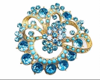 Vintage gold brooch with bright blue turquoise rhinestones crystals, boutique jewelry