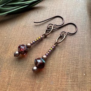 Niobium Dangle Earrings, Copper Berry Glass, Long Delicate Stacked Bead Earrings, Bronze Antique Gold Magenta, Hypoallergenic Ear wires