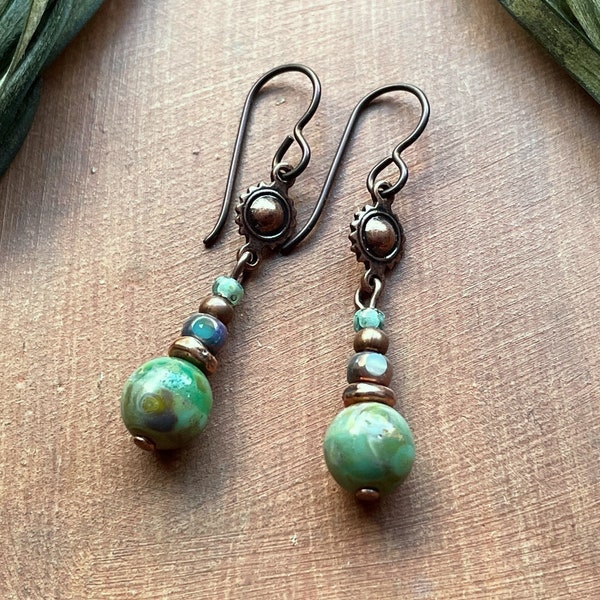 Earthy Boho Earrings, Rustic Copper Earrings, Boho Turquoise Glass, Bead Stack Earrings, Dangle Style Earrings, Artisan Jewelry