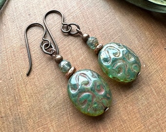 Green Embossed Bead Earrings, Chunky Oval Drop, Rustic Copper, Old World Style Jewelry