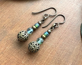 Vintage Boho Earrings, Antiqued Brass Filigree, Aqua Green Czech Glass, Ocean Colors