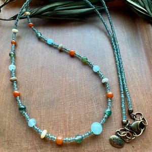 24 Inch Long Bead Necklace, Handmade Beaded Mixed Gemstone Aventurine Quartz, Agate and Czech Glass, Bohemian Jewelry for Spring