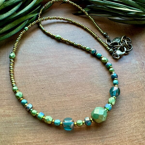 Bead Necklace Handmade Thin Choker Tiny Beads Metallic Green and Teal Focal Boho Jewelry for Summer