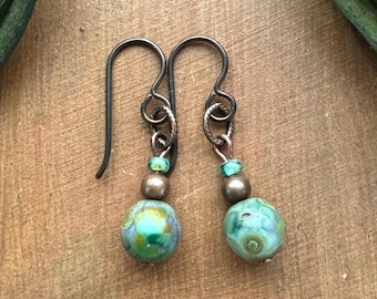 Turquoise Glass Earrings, Antiqued Copper Links, Bronze Niobium Ear Wires