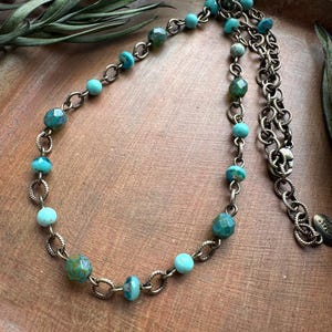 Aqua Turquoise Beaded Necklace, Mixed Stone and Czech Glass Bead, Turquoise Howlite Boho Gemstone Necklace, Earthy Antique Brass Chain Link