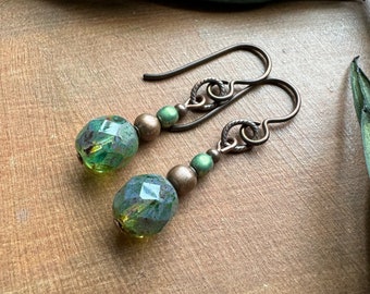 Earthy Earrings Dangle Faceted Czech Glass Green Bead and Rustic Copper Niobium Earwires