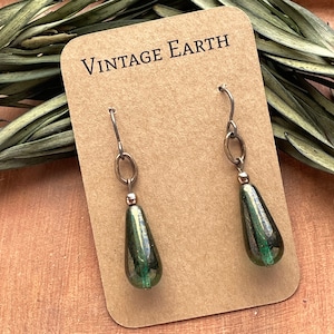 Long Teardrop Earrings Emerald Green Dangle Swingy & Sleek | Niobium Ear Wires | Rustic Elegant Bohemian Jewelry