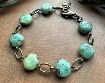 Boho Chunky Bead Bracelet, Painted Coin Beads, Ocean Sea Stone Green