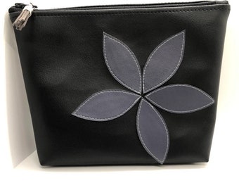 Vegan Leather Make Up Bag, Travel Bag, Zipper bag, Flower appliqué bag waterproof bag